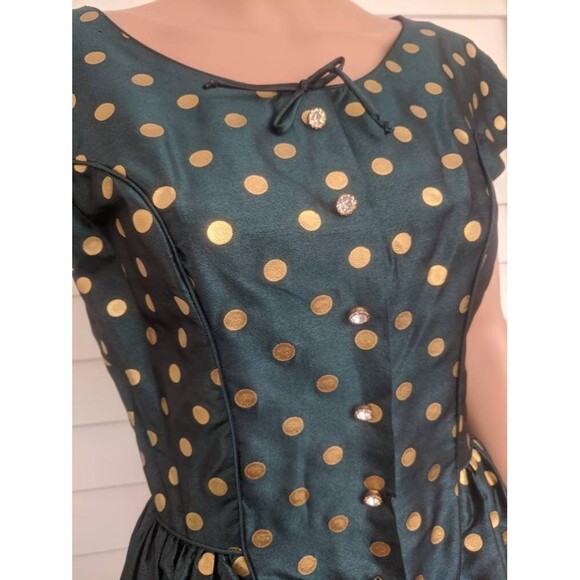 50s Dark Green Gold Polka Dot Dress Vintage Shirley Lee S M 36 28 New Old Stock - Picture 10 of 10